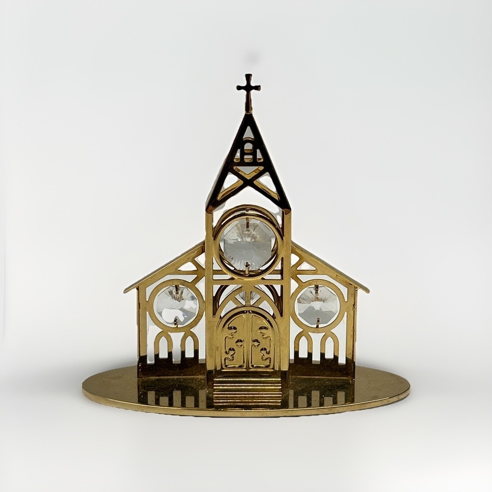 Vintage‎ Gold Tone Metal Crystal Church Figurine Ornament Collectible Decor